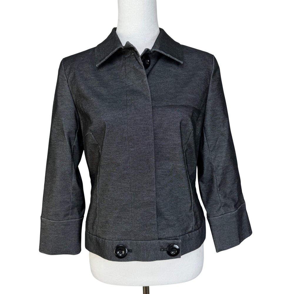 Anne Klein Women Cotton Blend Jacket 4 Gray Stretch 3/4 Sleeve Button Front
